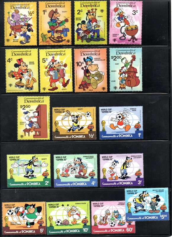 DOMINICA CLEARANCE OF DISNEY THEMED MINI SHEETS, SINGLES IN SETS UMM. AS PER SCANS. GOOD VALUE.