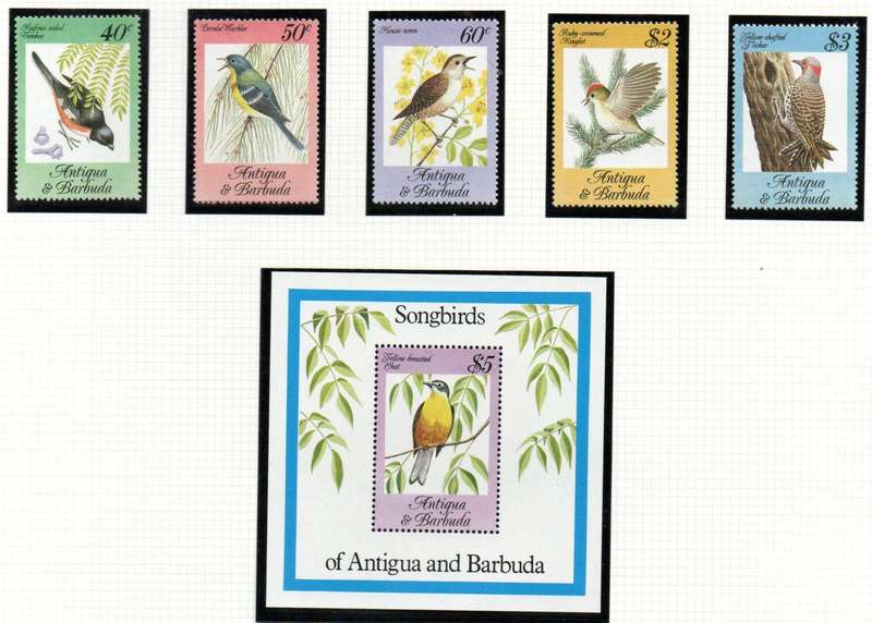 ANTIGUA 1984 SONGBIRDS UMM SET OF (X5) + MINI SHEET. SG869-MS874. AS PER SCANS. CV GBP 11+. NICE SET