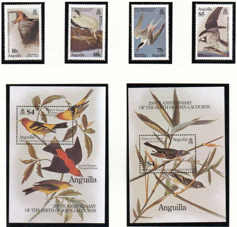 ANGUILLA 1985 BICENT OF JOHN J AUDUBON BIRDS UMM SET OF (X4) + (X2) MSHEETS. SG650/MS654. CV GBP 19+