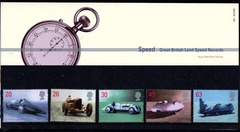 GB 1998 BRITISH LAND SPEED RECORD HOLDERS PRESENTATION PACK NO 291 WITH MINT STAMPS + POSTCARDS.
