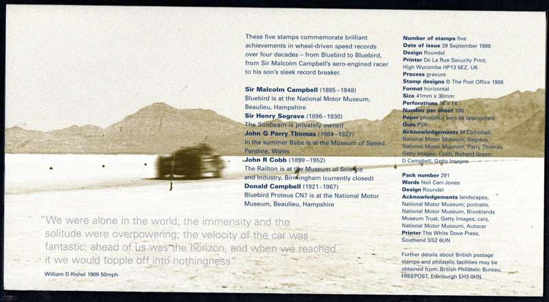 GB 1998 BRITISH LAND SPEED RECORD HOLDERS PRESENTATION PACK NO 291 WITH MINT STAMPS + POSTCARDS.