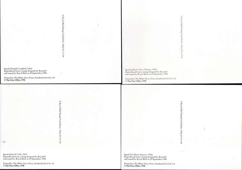 GB 1998 BRITISH LAND SPEED RECORD HOLDERS PRESENTATION PACK NO 291 WITH MINT STAMPS + POSTCARDS.