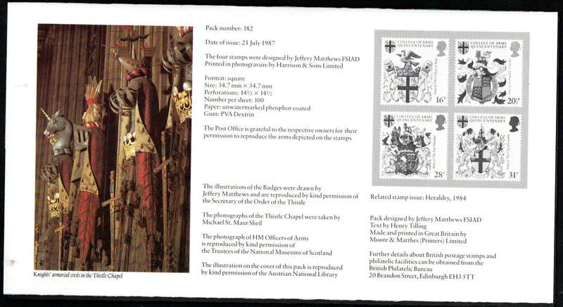 GB 1987 300TH ANNI OF REVIVAL OF ORDER OF THE THISTLE MINT PRESENTATION PACK NO 182.