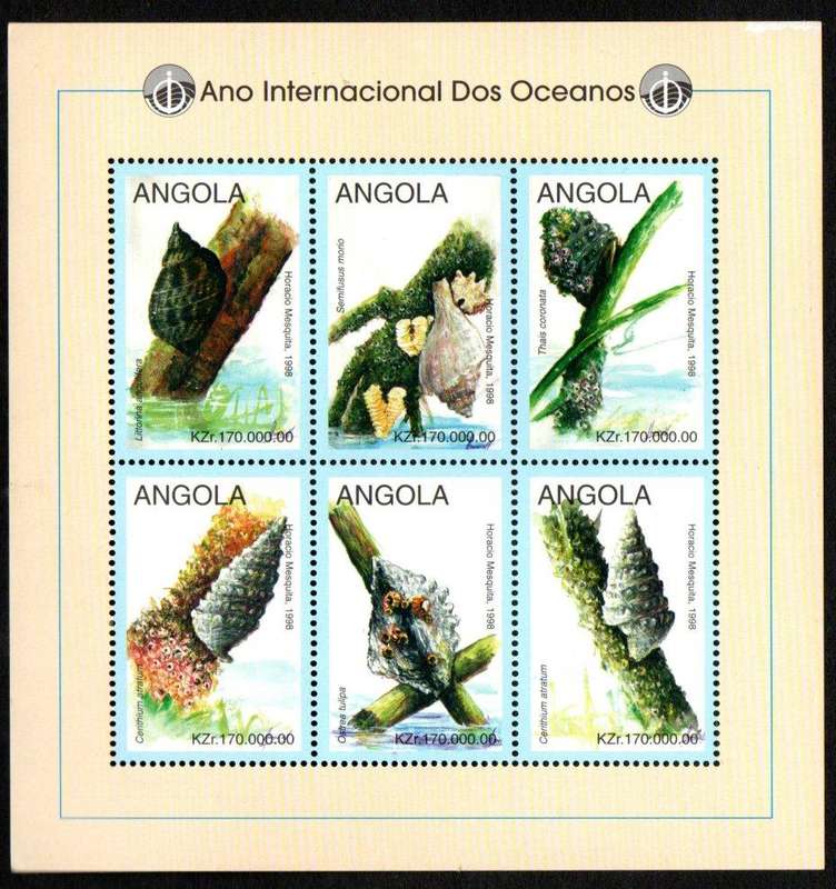 ANGOLA 1998 INTL YEAR OF THE OCEAN (SEA-SNAILS) UMM SETENANT MINI SHEET OF (X6). SG1341-6. CV GBP 9+