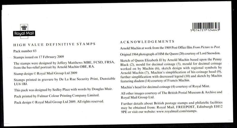 GB 2009 QEII SELF-ADHESIVE MACHIN DEFINITIVE HIGH VALUE PACK NO 83. AS PER SCANS. GREAT ITEM.