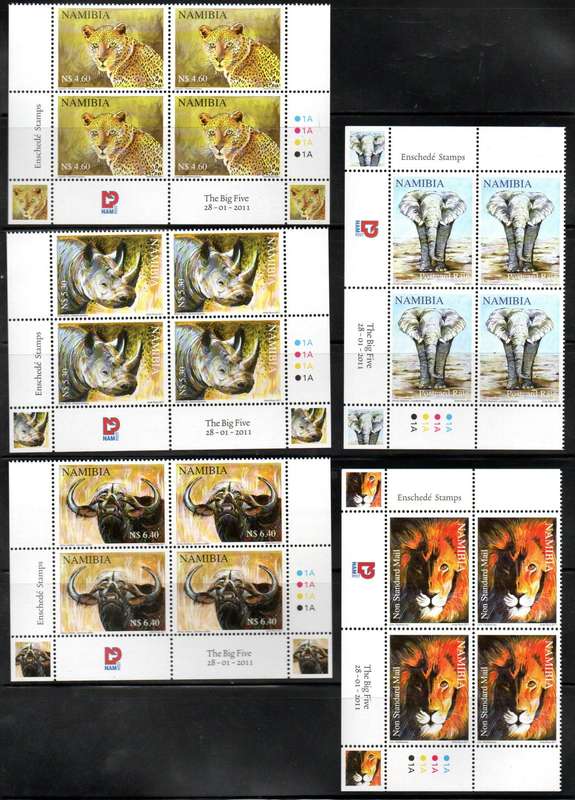 NAMIBIA 2011 THE BIG FIVE SET OF (X5) UMM CONTROL BLKS, SINGLES + FDC NO 3.78. SACC712/6. CV R710.