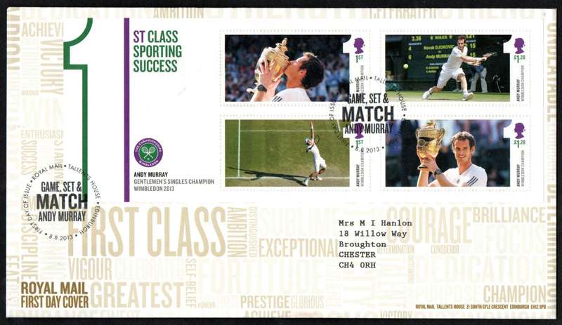 GB 2013 1ST CLASS SPORTING SUCCESS (ANDY MURRAY WIMBLEDON CHAMPION) FIRST DAY COVER. AS PER SCANS.