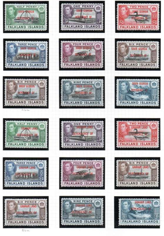 FALKLAND ISLANDS 1944 DEPS KGVI (SOUTH GEORGIA/GRAHAM LAND) MM SETS OF (X8) + ODD SHADES. CV GBP 38+