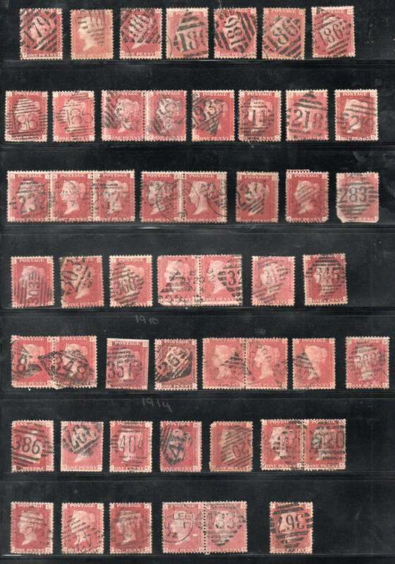 GB SELECTION OF USED 1 PENNY RED SINGLES/PAIRS ETC. CONDITION AS PER SCANS. UNCHECKED PLATES ETC.