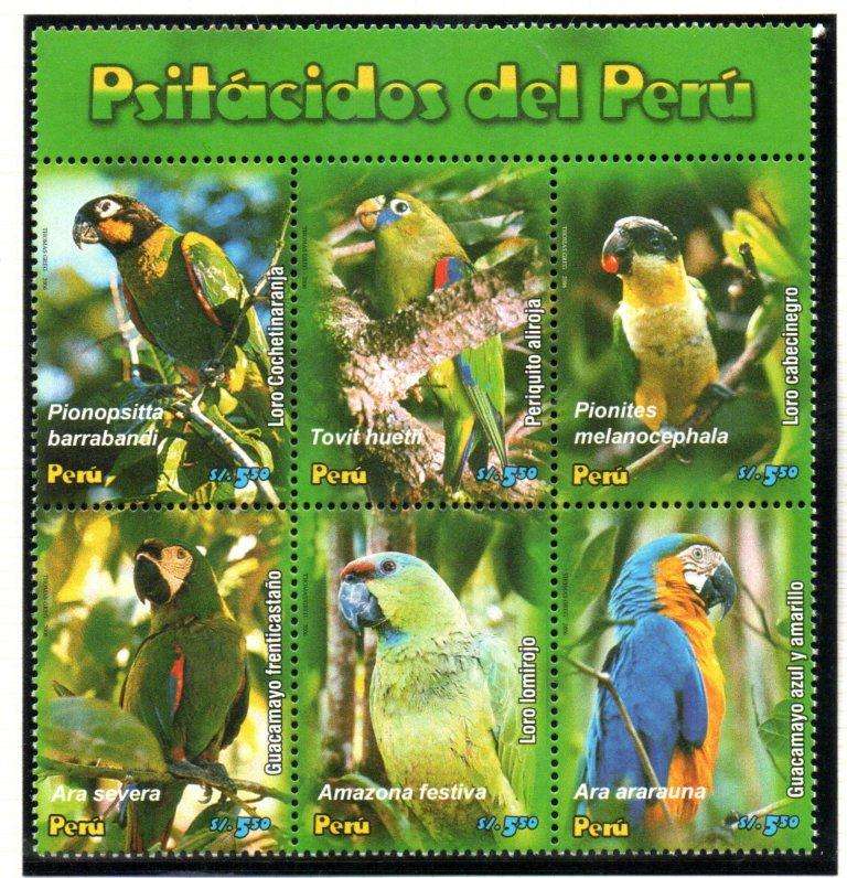 PERU 2006 PARROTS SET OF (X6) IN SETENANT BLK UMM. SG2394/99. AS PER SCANS. CV GBP 48. NICE THEMATIC
