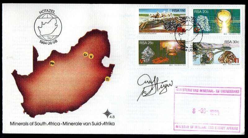 RSA 1984 STRATEGIC MINERALS FDC NO 4.6 SIGNED/RUBBER STAMPED 'DANIEL STEYN - MINISTER OF MINERALS'