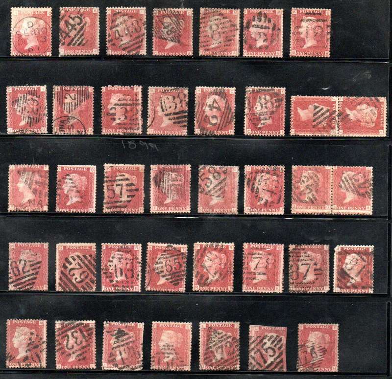 GB SELECTION OF (X30+) USED 1 PENNY RED SINGLES + PAIRS. CONDITION PER SCANS. UNCHECKED PLATES ETC.