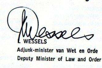RSA 1988 75TH ANN OF POLICE COMM COVER SIGNED BY 'MINISTER ADRIAAN VLOK, L WESSELS, JG DE WITT'.