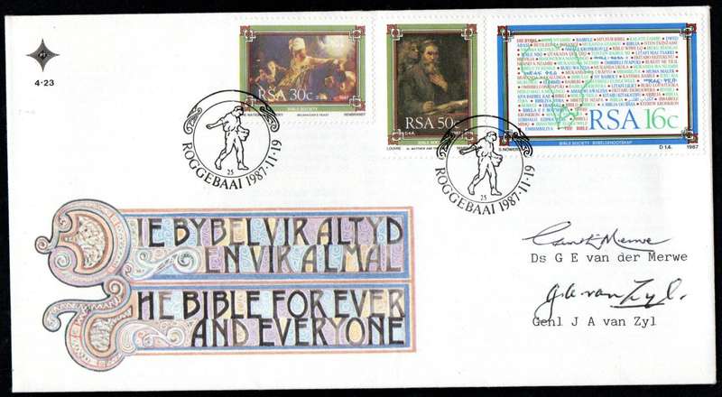 RSA 1987 THE BIBLE SOCIETY OF SA FDC NO 4.23 SIGNED 'Ds GE VAN DER MERWE, GENERAL JA VAN ZYL'.