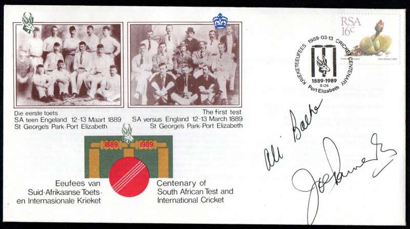 RSA 1989 CENTENARY OF TEST+INTERNATIONAL CRICKET COMMEM COVER SIGNED `ALI BACHER + JOE PAMENSKY`.