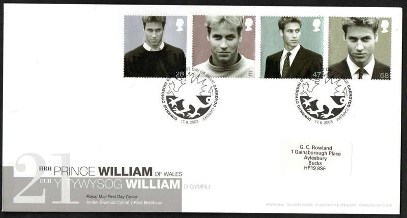 GB 2003 21ST BIRTHDAY OF PRINCE WILLIAM OF WALES (X2) FDCs (CARDIFF+TALLENTS HOUSE). CV GBP 20.