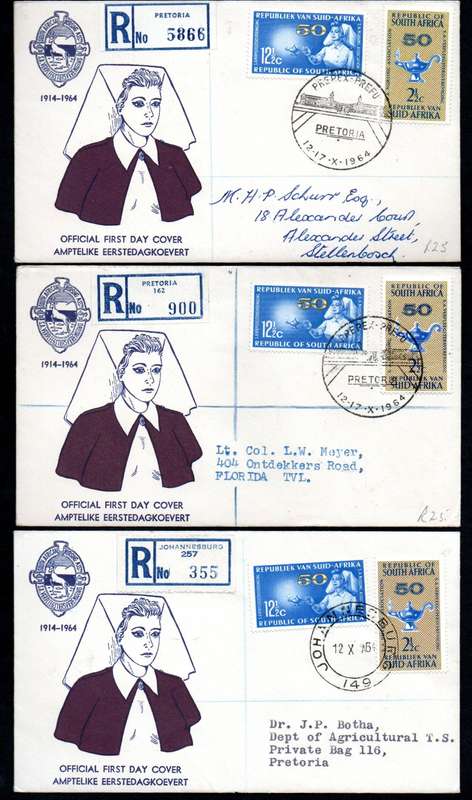 RSA 1964 50TH ANN OF NURSING ASSOCIATION (PREPEX/CAPE TOWN D/S) (X30) FDCs ETC. CONDITION PER SCANS.
