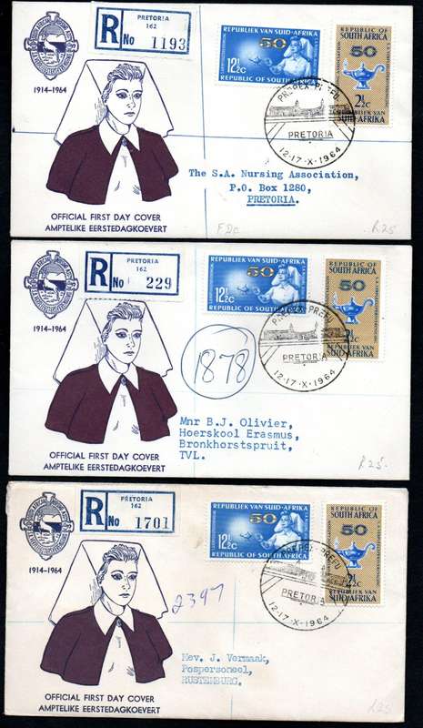 RSA 1964 50TH ANN OF NURSING ASSOCIATION (PREPEX/CAPE TOWN D/S) (X30) FDCs ETC. CONDITION PER SCANS.