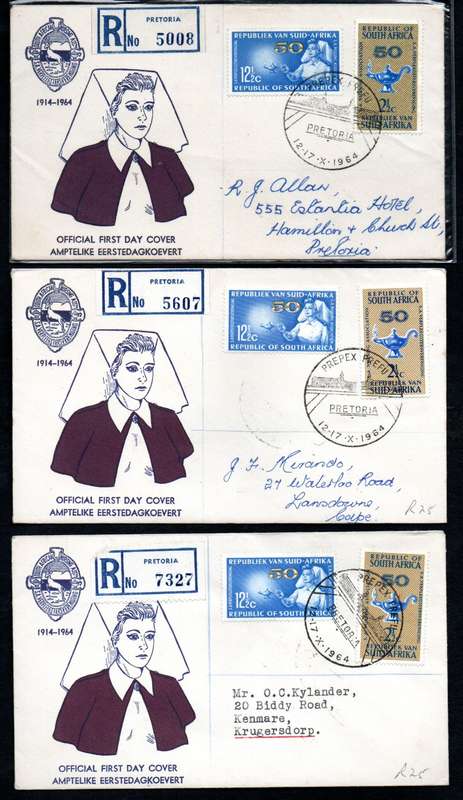 RSA 1964 50TH ANN OF NURSING ASSOCIATION (PREPEX/CAPE TOWN D/S) (X30) FDCs ETC. CONDITION PER SCANS.