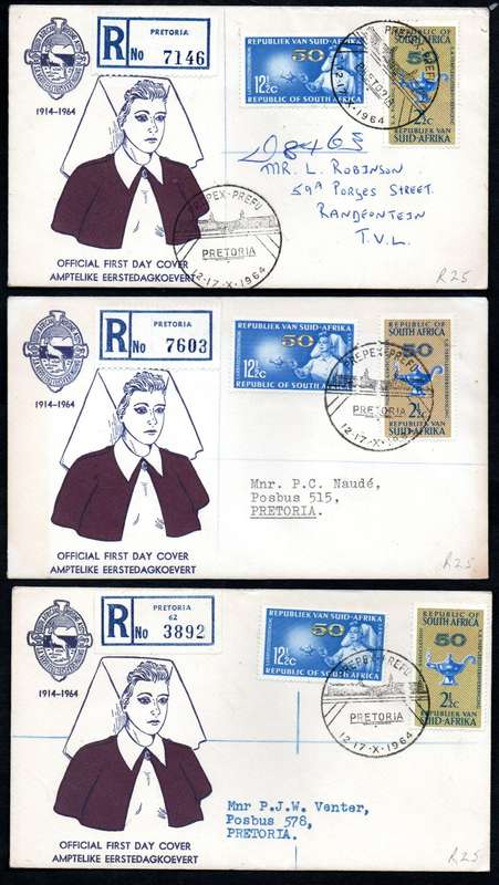 RSA 1964 50TH ANN OF NURSING ASSOCIATION (PREPEX/CAPE TOWN D/S) (X30) FDCs ETC. CONDITION PER SCANS.