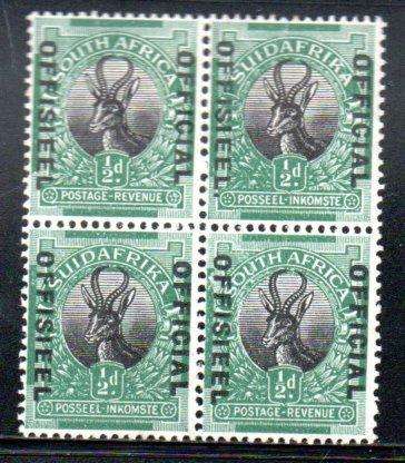 UNION 1930-47 1/2d OFFICIAL MINT BLK (TOP PAIR MM) WITH 'STOP AFTER AFR' + 'MISSING FRACTION BAR'.