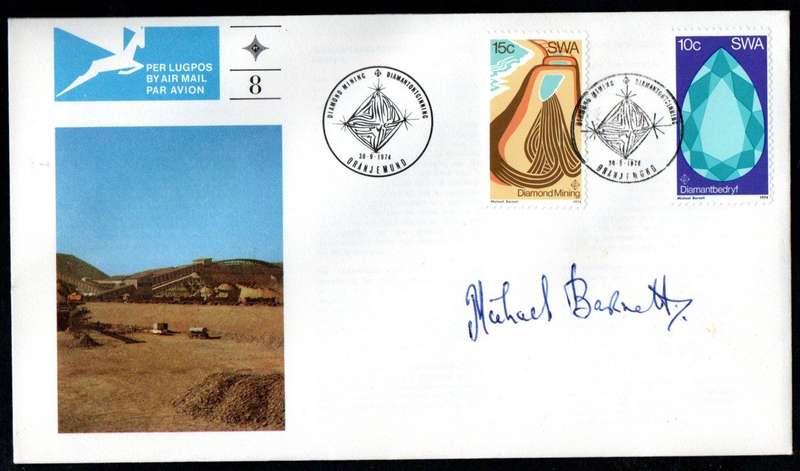 SWA 1974 DIAMOND MINING IN SWA FDC SIGNED 'MICHAEL BARNETT - STAMP ARTIST'. AS PER SCANS.