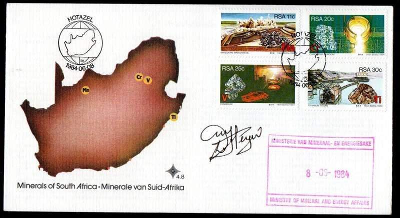 RSA 1984 STRATEGIC MINERALS FDC NO 4.6 SIGNED/RUBBER STAMPED 'DANIEL STEYN - MINISTER OF MINERALS'