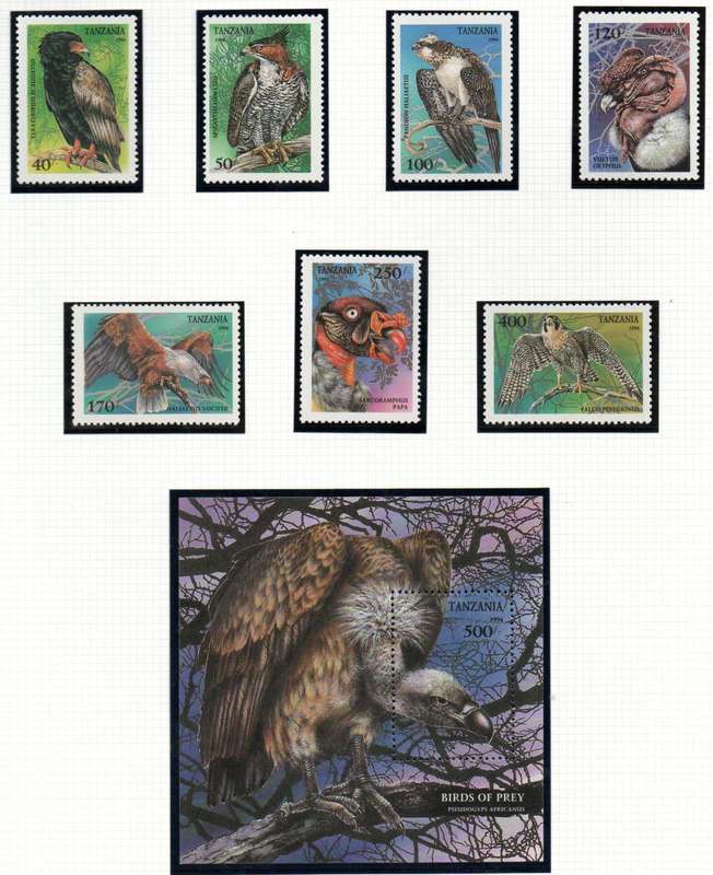TANZANIA 1994 BIRDS OF PREY UMM SET OF (X7) SINGLES PLUS MSHEET. SG1847-MS1854. LOVELY THEMATIC SET.