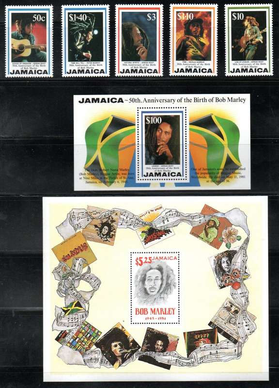 JAMAICA 1995 BOB MARLEY SET OF (X5) UMM + MSHEET SG877/82 + 1981 MSHEET SGMS536. CV GBP 20+