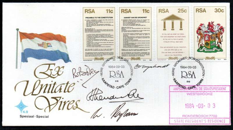 RSA 1984 CONSTITUTION MULTIPLE SIGNED/RUBBER STAMPED FDC `BOTHA, RAJBANSI, HENDRICKSE, DESIGNER ETC'