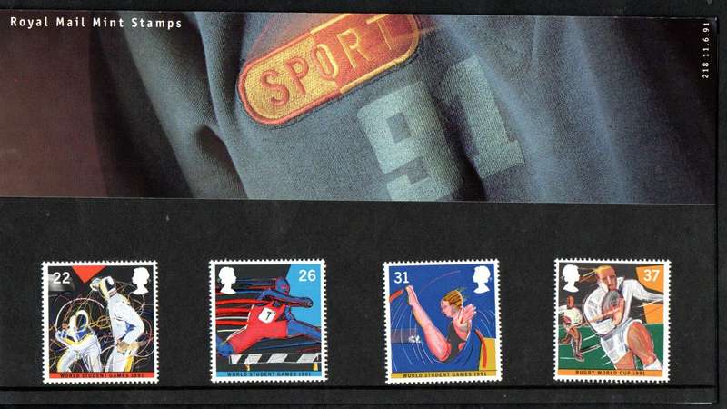 GB 1991 WORLD STUDENT GAMES, SHEFFIELD PRESENTATION PACK NO 218 WITH MINT STAMPS. NICE ITEM.