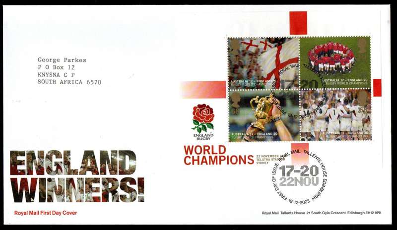 GB 2003 ENGLAND'S VICTORY IN RUGBY WORLD CUP FIRST DAY COVER (TALLENTS HOUSE). CV GBP 14. NICE FDC.