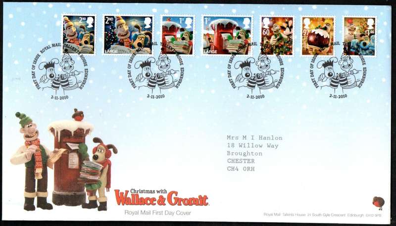GB 2010 CHRISTMAS WITH WALLACE AND GROMIT FIRST DAY COVER (TALLENTS HOUSE). AS PER SCANS. NICE FDC.
