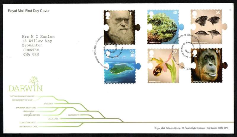 GB 2009 BIRTH BICENTENARY OF CHARLES DARWIN FIRST DAY COVERS (X2) (TALLENTS HOUSE). CV GBP 20.