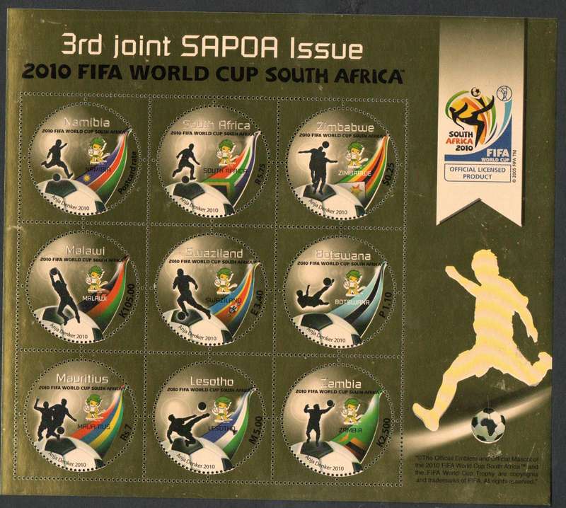 2010 FIFA SAPOA JOINT ISSUE UMM SHEETLET OF (X9) COMPRISING (X1) STAMP FROM EACH MEMBER COUNTRY.