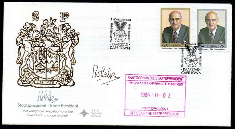 RSA 1984 INAUGURATION OF STATE PRESIDENT PW BOTHA FDC NO 4.9a SIGNED 'BOTHA'. AS PER SCANS.