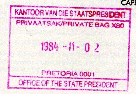 RSA 1984 INAUGURATION OF STATE PRESIDENT PW BOTHA FDC NO 4.9a SIGNED 'BOTHA'. AS PER SCANS.