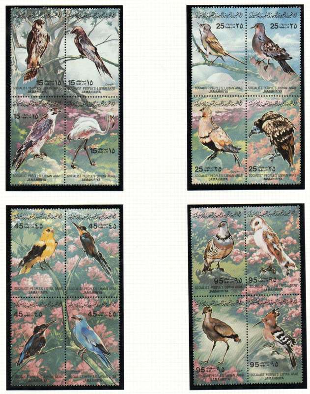 LIBYA 1982 BIRDS SET OF (X16) IN (X4) SETENANT BLOCKS OF (X4). AS PER SCANS. SG1190-1205. CV GBP 15+