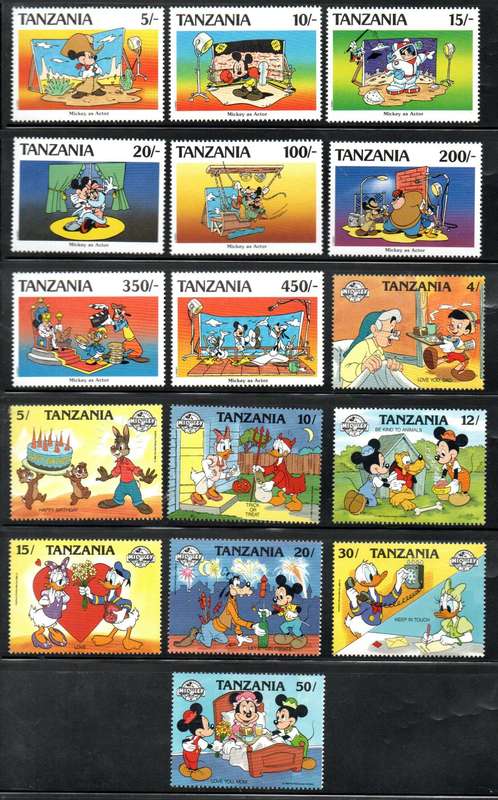 TANZANIA 1988-1991 (X3) DISNEY CARTOON THEMED UMM SETS OF (X8) SINGLES. CV GBP 21. AS PER SCANS.