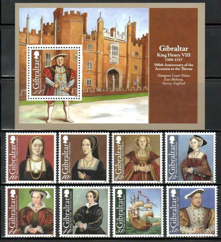 GIBRALTAR 2008 ANN OF CORONATION OF KING HENRY VIII UMM SET OF (X8) + MSHEET. SG1307/14. CV GBP 20.