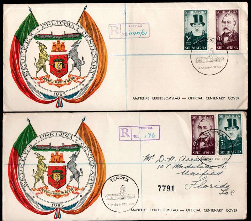 UNION 1955 CENTENARY OF PRETORIA (TEPPEX) SELECTION OF (X20) FDCs ETC. CONDITION AS PER SCANS.