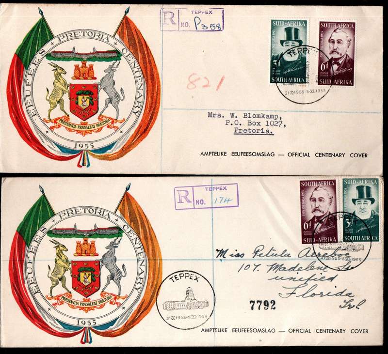 UNION 1955 CENTENARY OF PRETORIA (TEPPEX) SELECTION OF (X20) FDCs ETC. CONDITION AS PER SCANS.