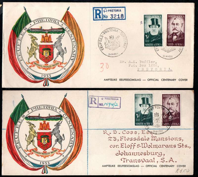 UNION 1955 CENTENARY OF PRETORIA (TEPPEX) SELECTION OF (X20) FDCs ETC. CONDITION AS PER SCANS.