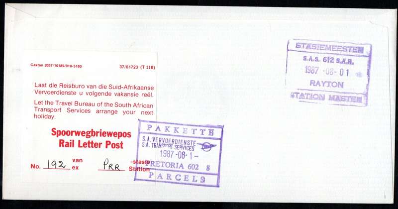 RSA 1987 railway cover commemorative trip Pretoria to Rayton signed - as per scans - great item.