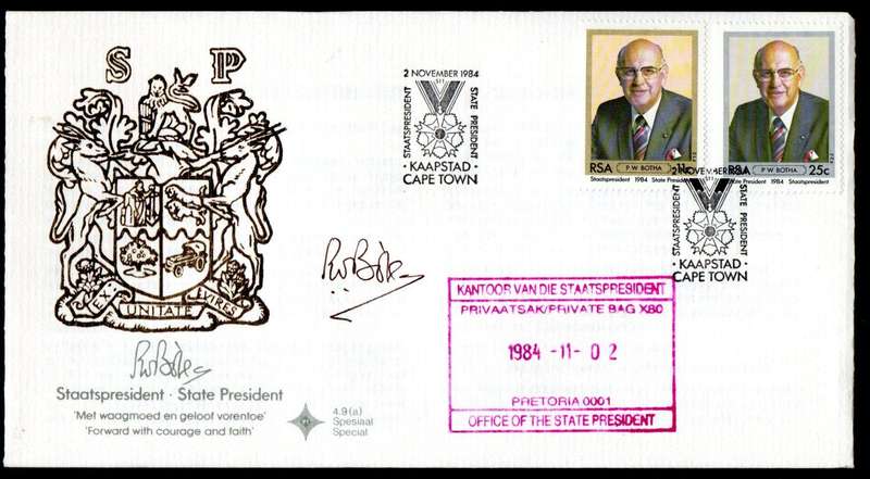 RSA 1984 inauguration of state president PW Botha FDC no 4.9a signed 'Botha' - as per scans.