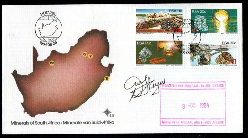 RSA 1984 Strategic Minerals FDC no 4.6 signed/rubber stamped 'Daniel Steyn - Minister Of Minerals'