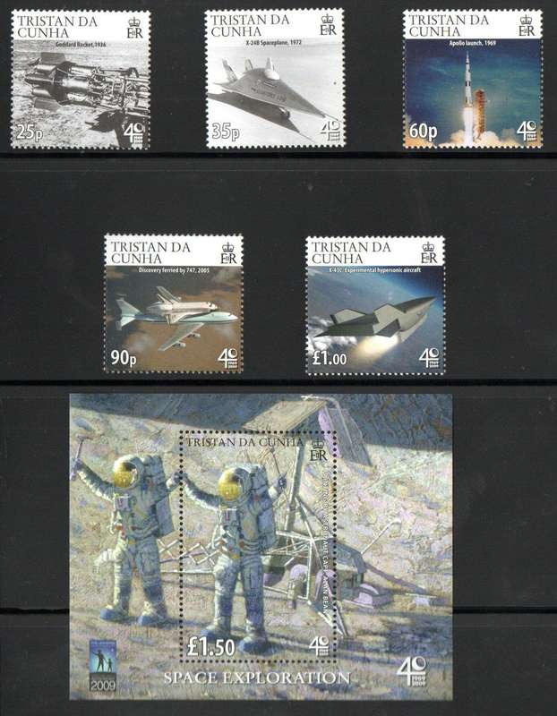 Tristan da Cunha 2009 40th ann of moon landing umm set of (x5) singles + msheet. SG944-49 CV GBP 16+