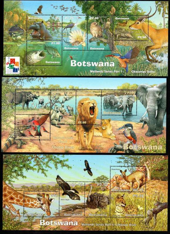 Botswana 2000-3 wetlands msheets (X3) umm. Series 1, 2, 4 - as per scans - total CV GBP 21+ - lovely