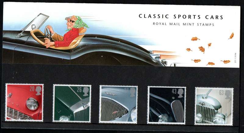 GB 1996 classic sports cars presentation pack no 270 with mint stamps + postcards unused.