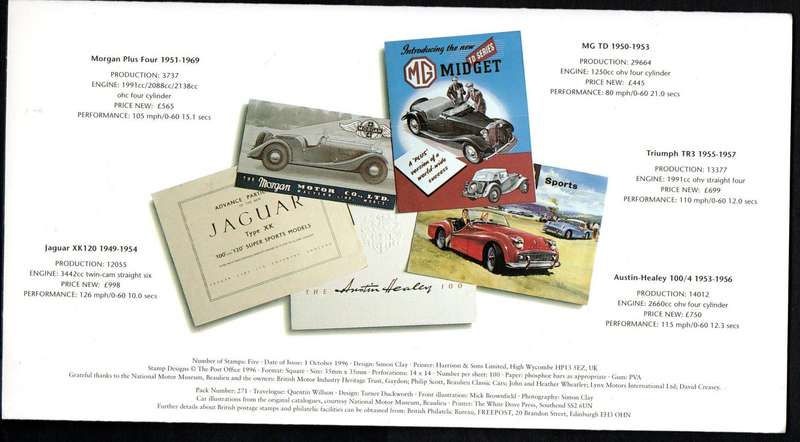 GB 1996 classic sports cars presentation pack no 270 with mint stamps + postcards unused.